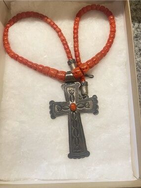Vintage Don Lucas Navajo Beaded Large Cross Necklace W/Coral & Sterling Silver